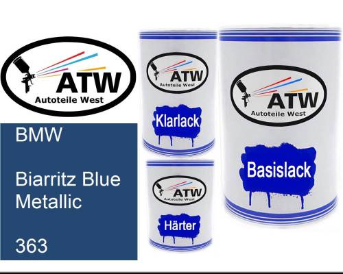 BMW, Biarritz Blue Metallic, 363: 500ml Lackdose + 500ml Klarlack + 250ml Härter - Set, von ATW Autoteile West.